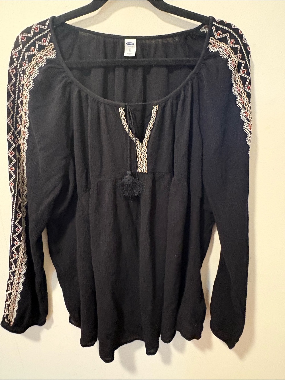 Old Navy Black Embroidered Peasant Blouse with Tassel Tie